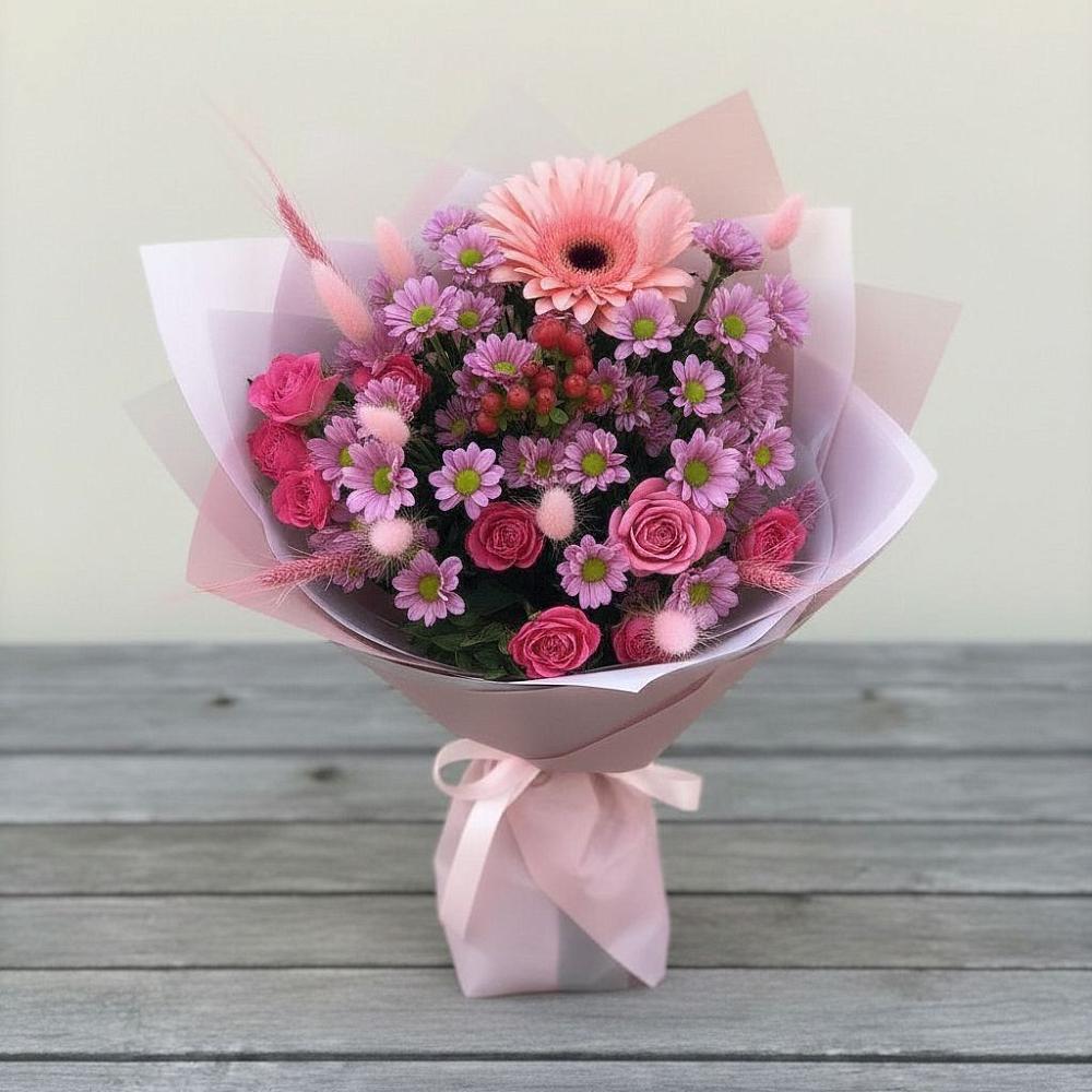 Букет цветов из: Розы, Герберы и Хризантемы в Журавском