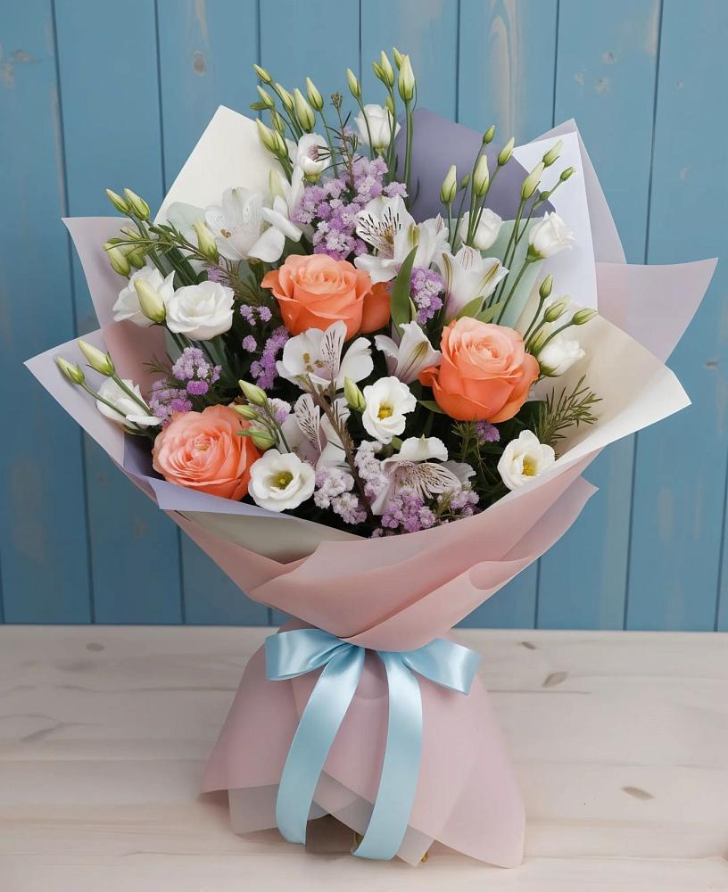 Букет цветов из: Лизиантусы, Розы, Альстромерии и Гипсофила в Журавском