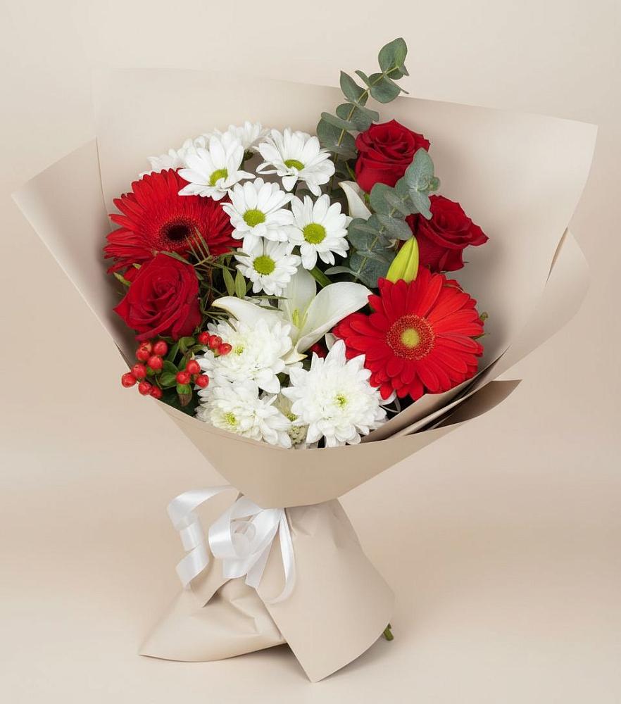 Букет цветов из: Розы, Хризантемы, Герберы и Лилии в Журавском