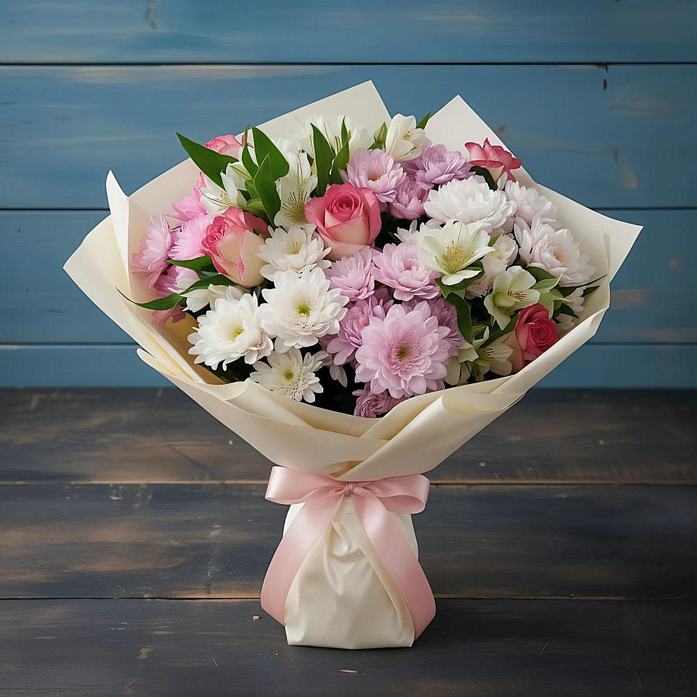 Букет цветов из: Хризантемы, Альстромерии и Розы в Журавском